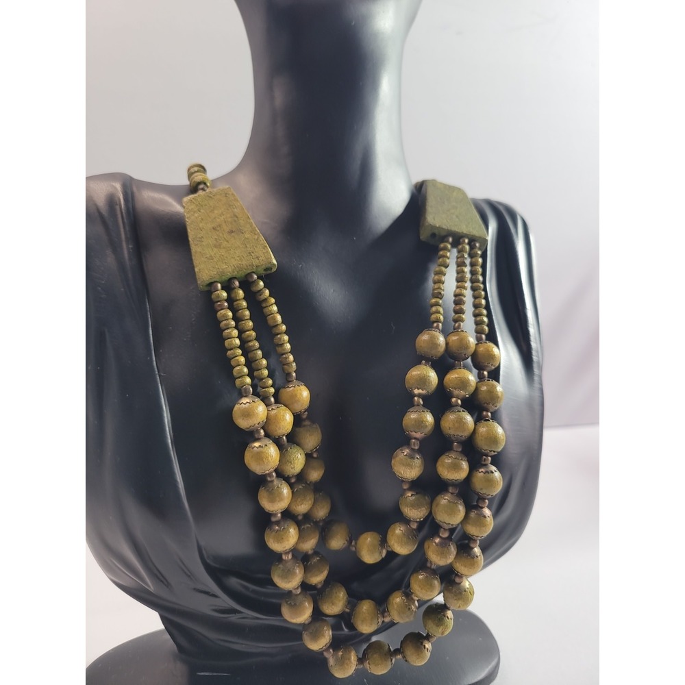 Green Multi Strand Beaded Necklace Olive Statement Boho Tribal Style Jewelry - Picture 3 of 9